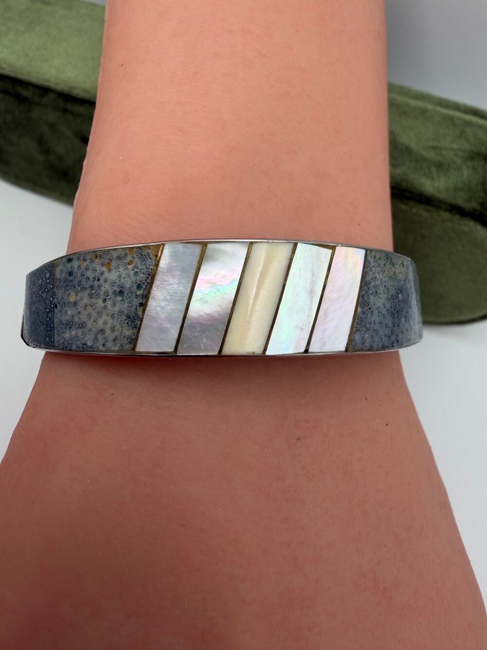 Vintage Blue Sponge Coral & Mother of Pearl Inlay Bracelet Silver Tone MOP Cuff